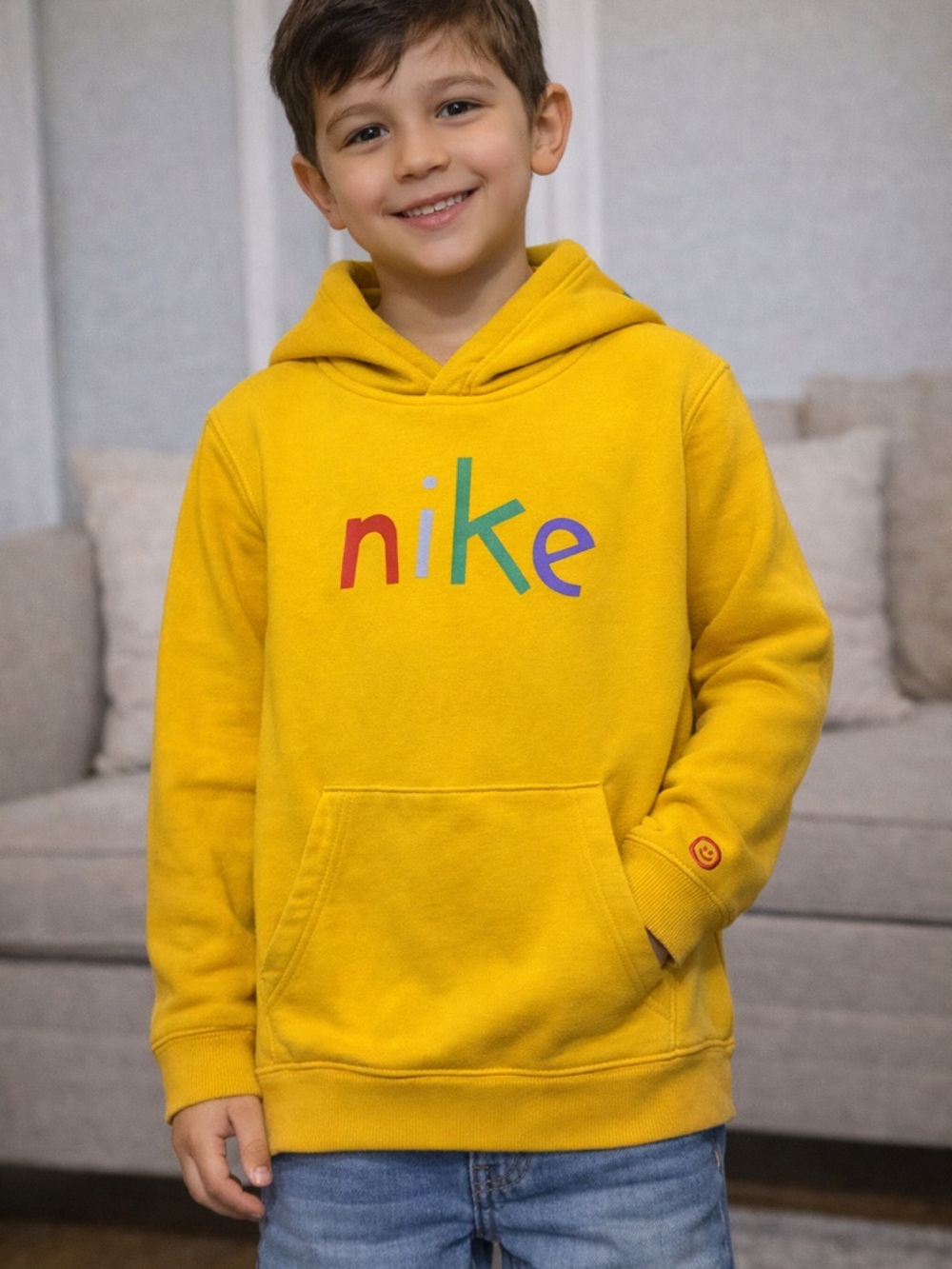 Nike Kids Yellow Hoodie with Multicolor 'nike' Logo